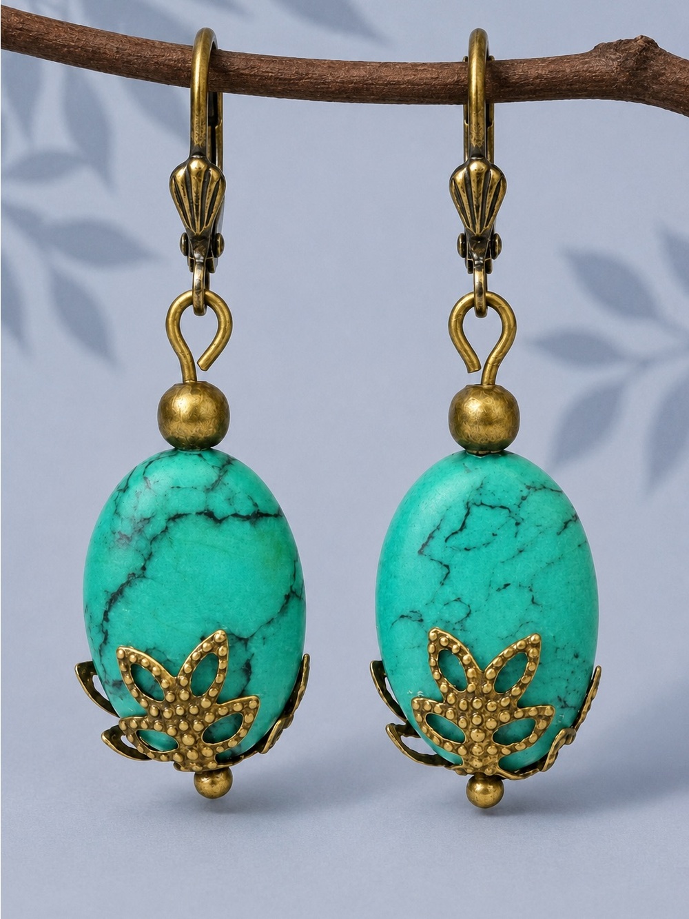 Aqua Green Matrix Composite Bead Antique Bronze Leverback Earrings